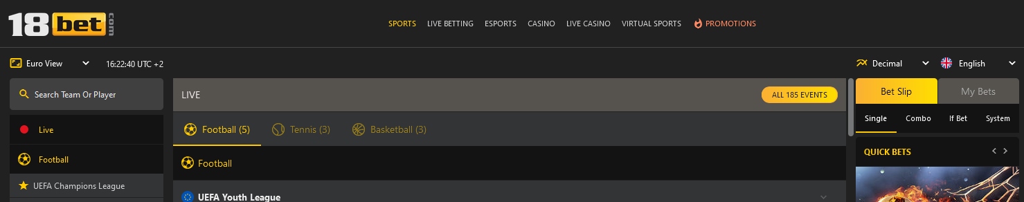 Banner der 18bet-Website